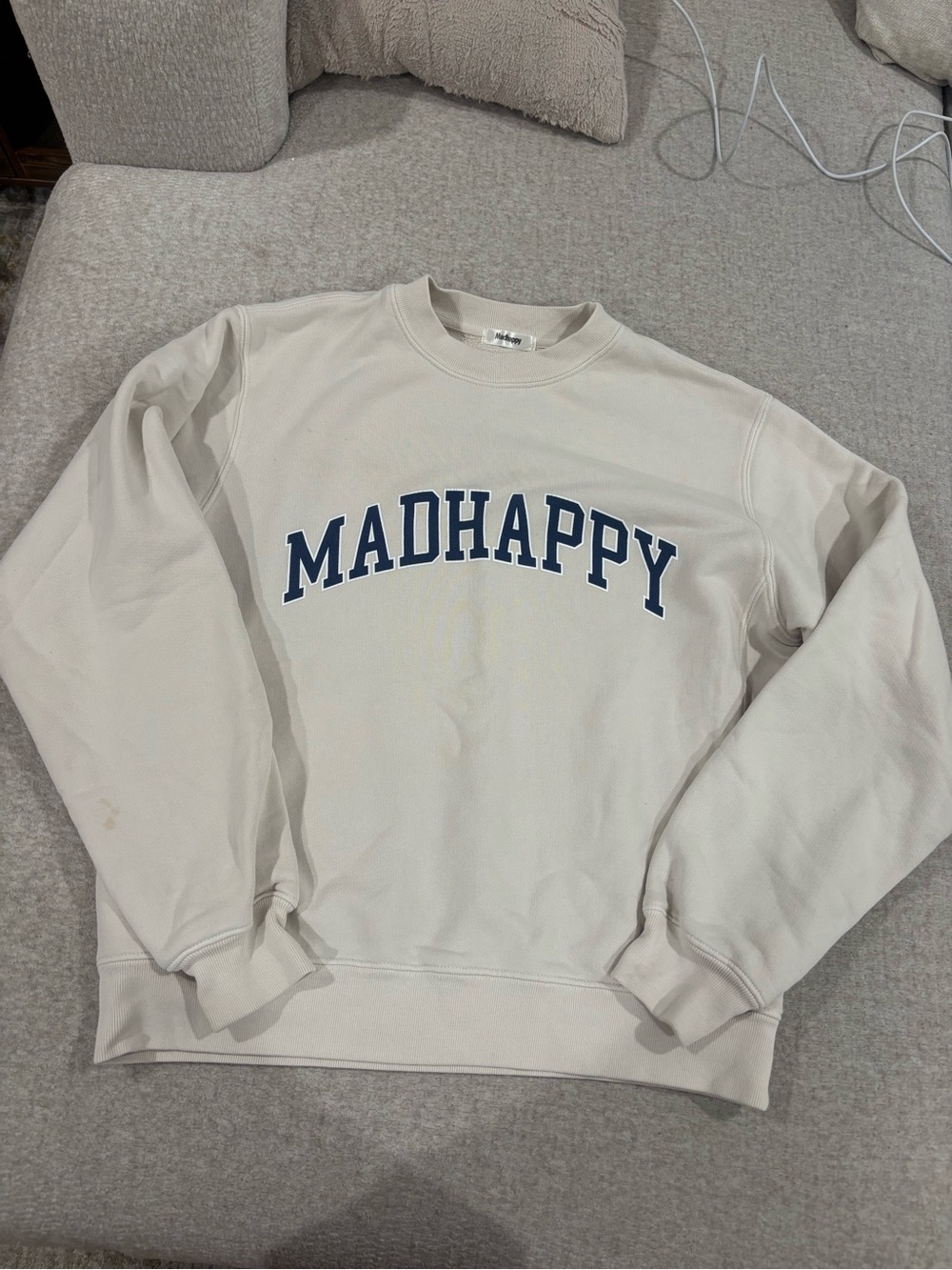 Madhappy Crewneck Sweatshirt in Cream with Navy Arch Logo